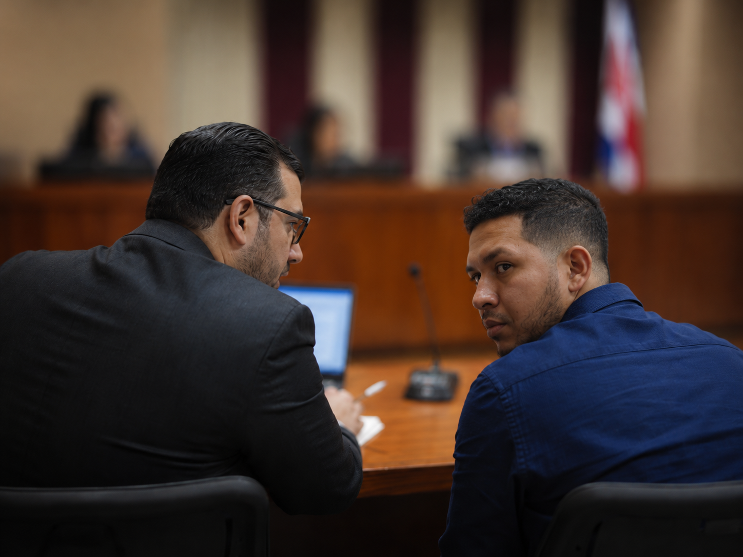 Persona conversando con su abogado durante la audiencia