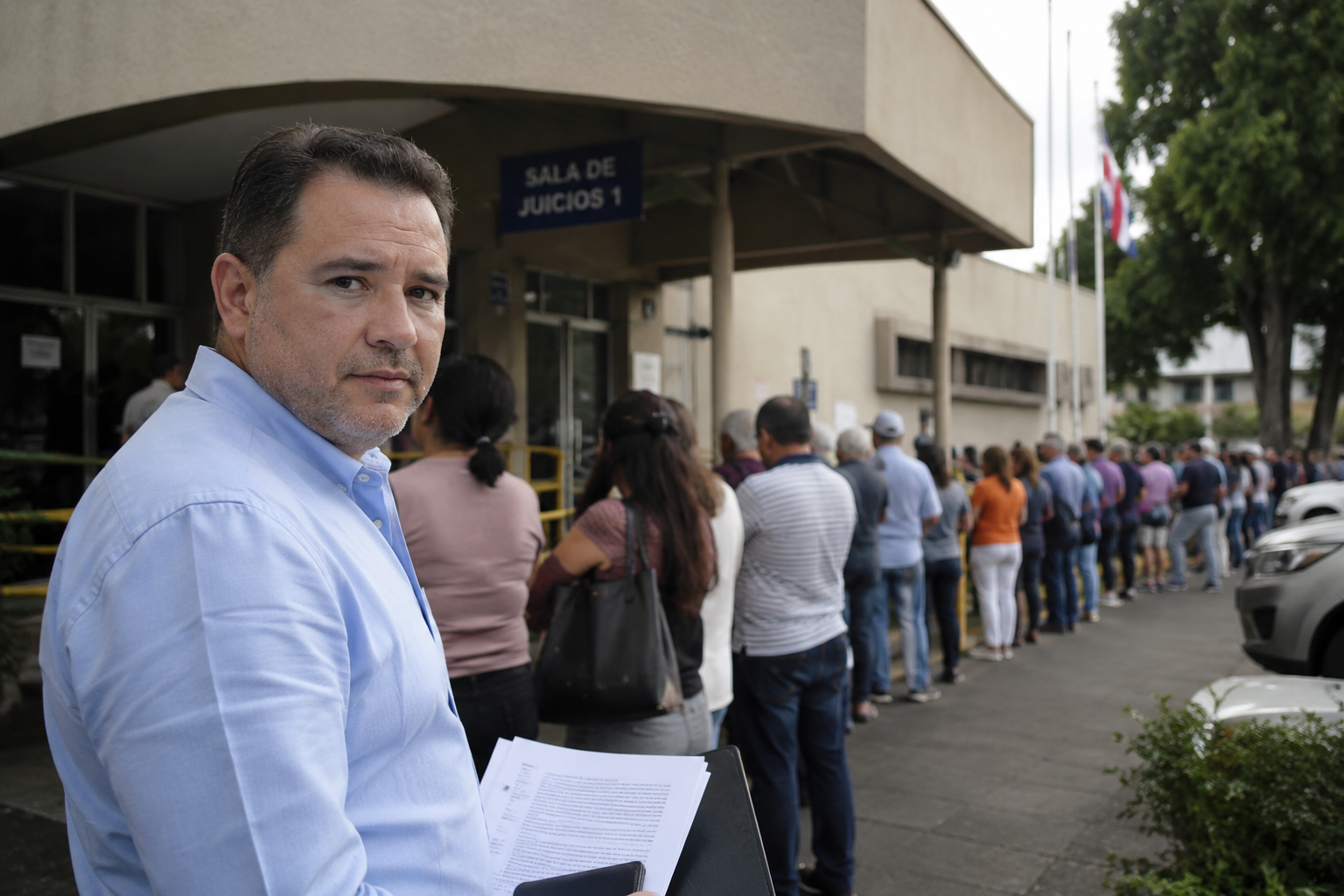 Persona esperando su turno en la fila de la Sala de Juicios